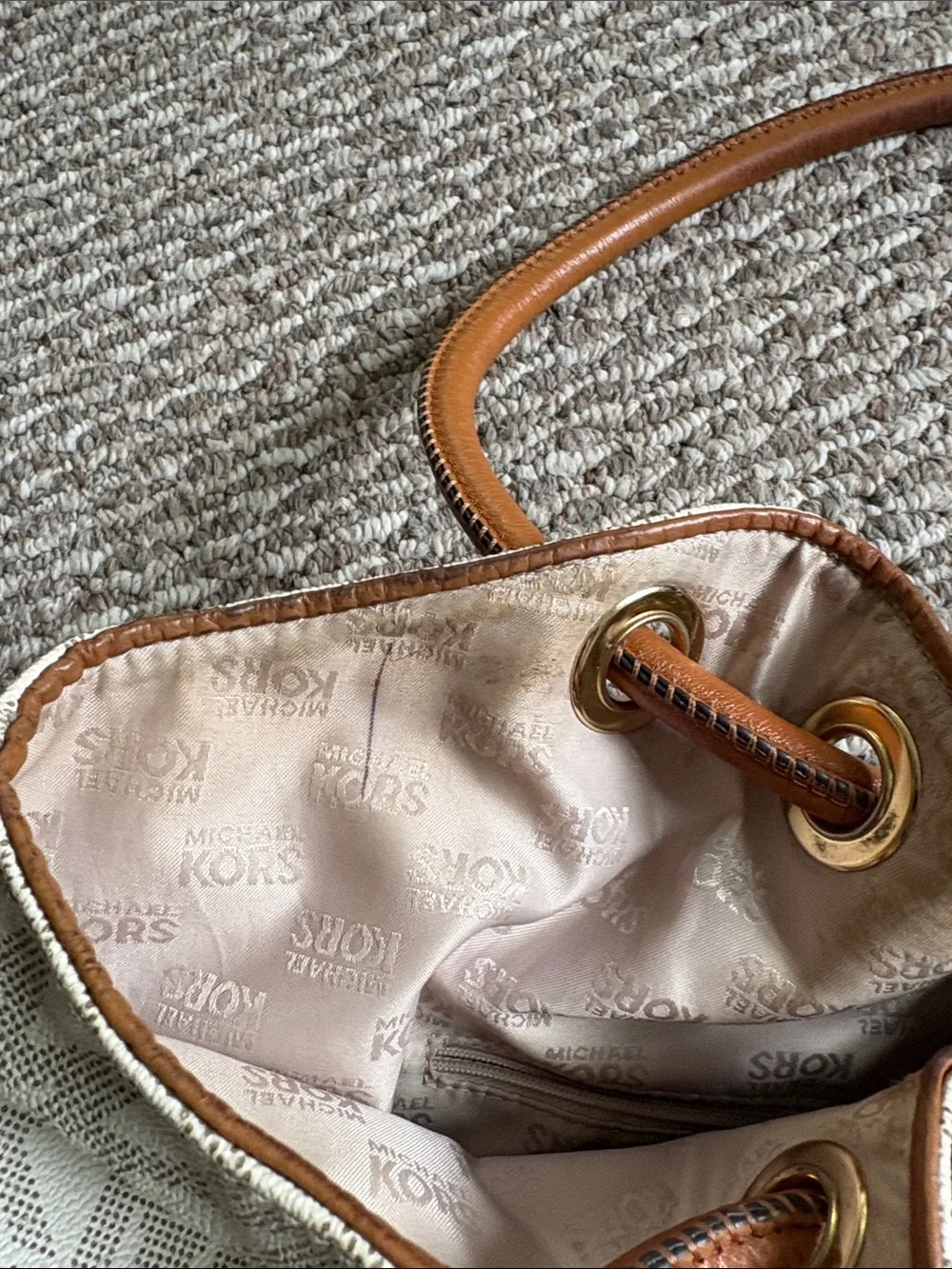 Michael Kors Cream MK Logo Ring Tote with Brown Leather Handles